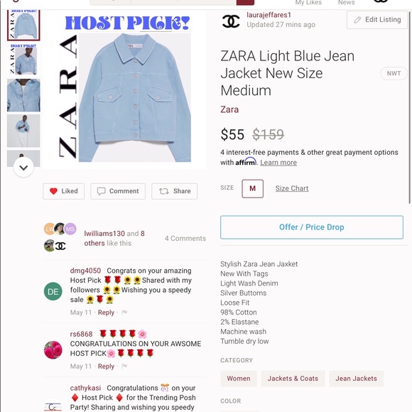 ZARA Denim Jacket Light Blue Size Medium NWT - Picture 10 of 12